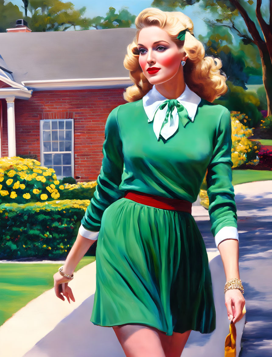 Stylized illustration of woman in retro green dress with red belt against house and greenery