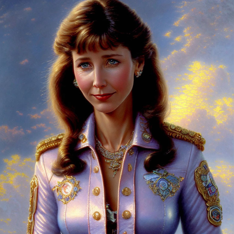 Portrait of Woman with Blue Eyes and Brown Hair in Lilac Jacket with Gold and Jewel Embellishments