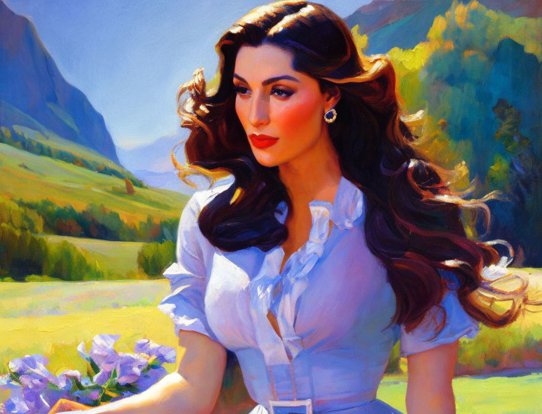 Woman with Long Wavy Hair in White Blouse Against Mountain Landscape