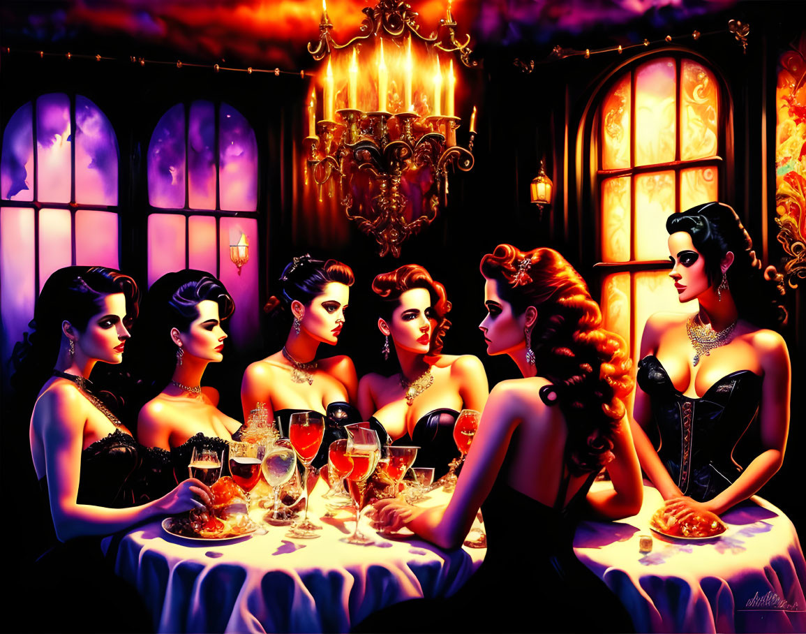 Vintage-style Illustration: Six Women in Glamorous Attire at Table with Drinks