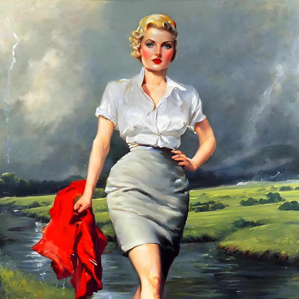 Blonde woman in white blouse and gray skirt holding red jacket in rural landscape