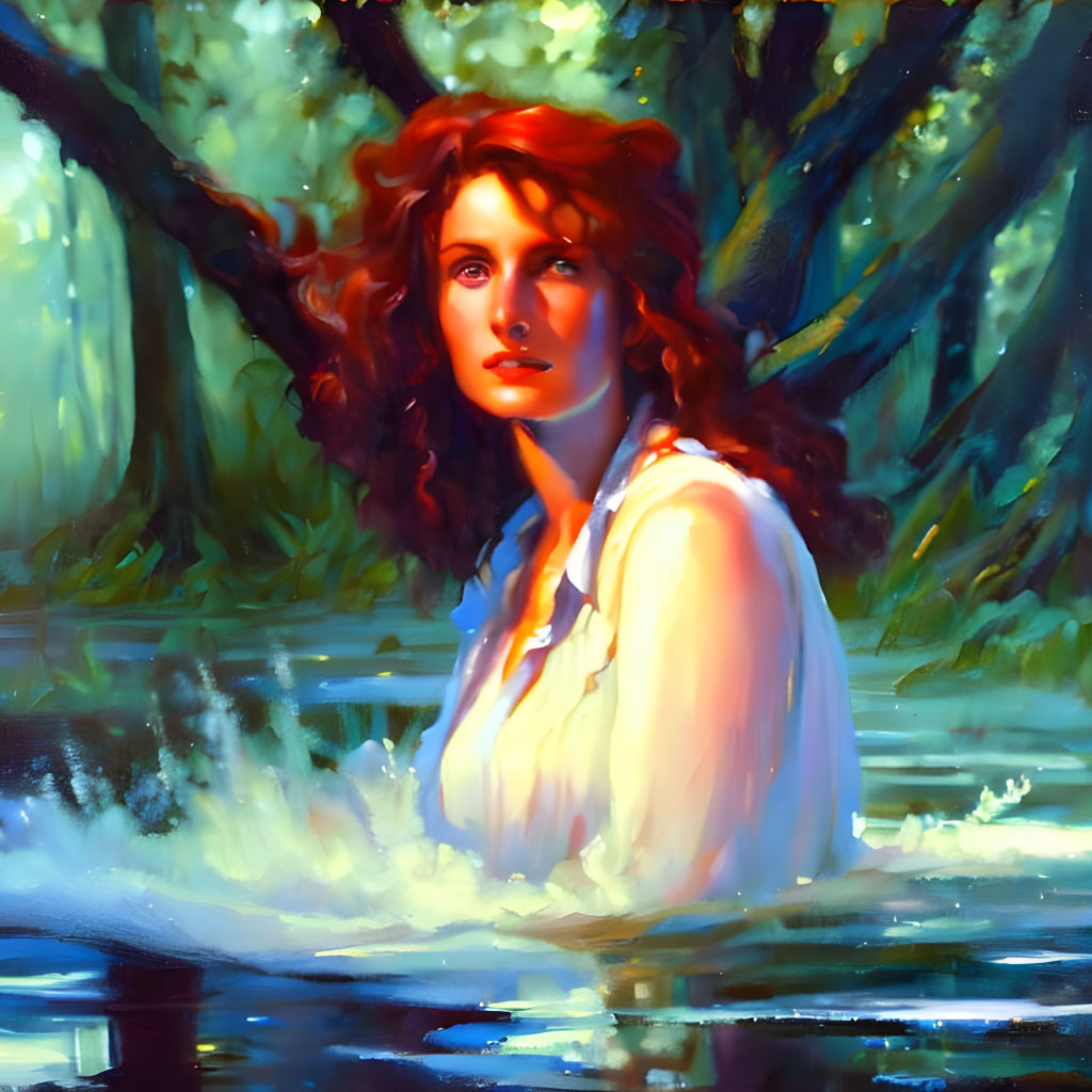 Red-haired woman in white blouse standing in water in sunlit forest