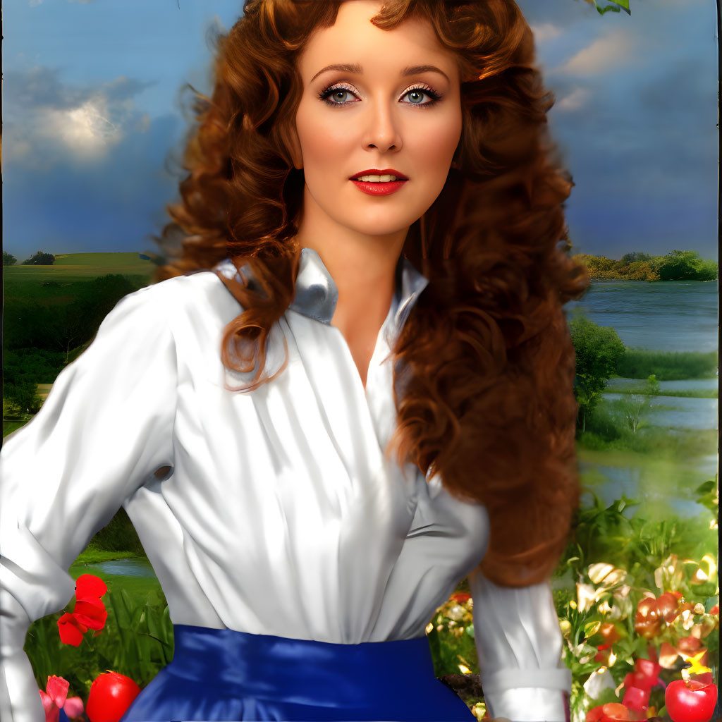 Curly brown-haired woman in white shirt with blue waistband, set in pastoral landscape with red flowers