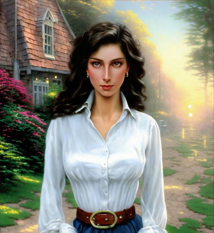 Dark-haired woman in white shirt with striking eyes, cottage and sunlight backdrop