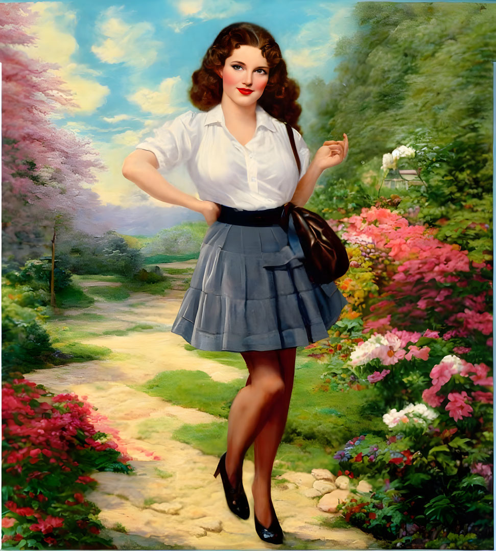 Woman in White Blouse and Blue Skirt in Vibrant Garden