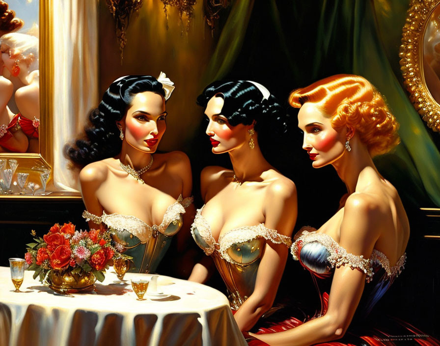 Three Women in Vintage Hollywood Style Conversing at Table