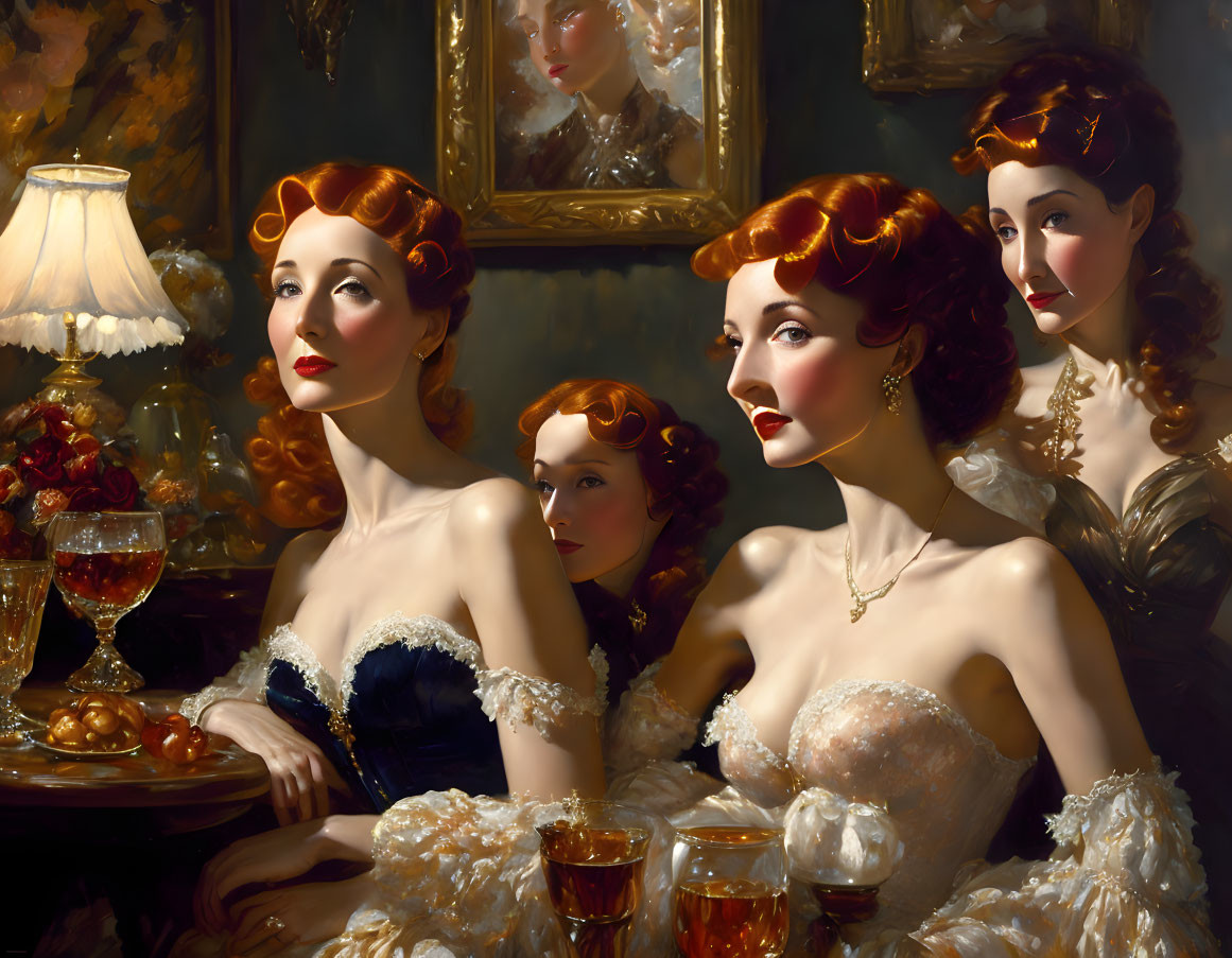 Four red-haired women in elegant attire in a luxurious setting with a fruit bowl and wine glasses under warm