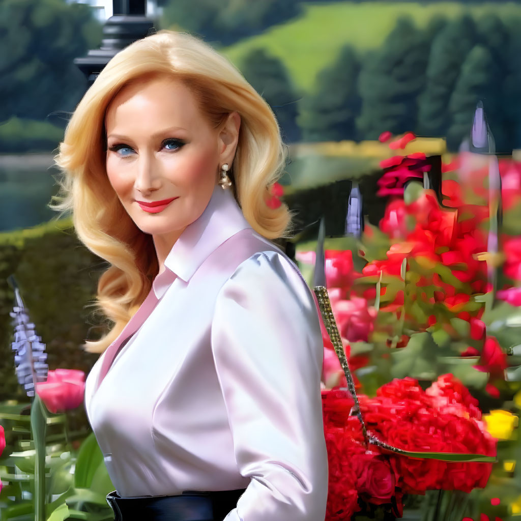 Blonde woman in pink blouse and black belt among red flowers