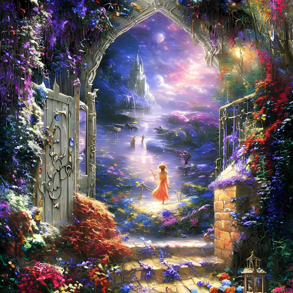 Woman in Orange Dress at Vibrant Garden Gate with Castle in Mystical Landscape