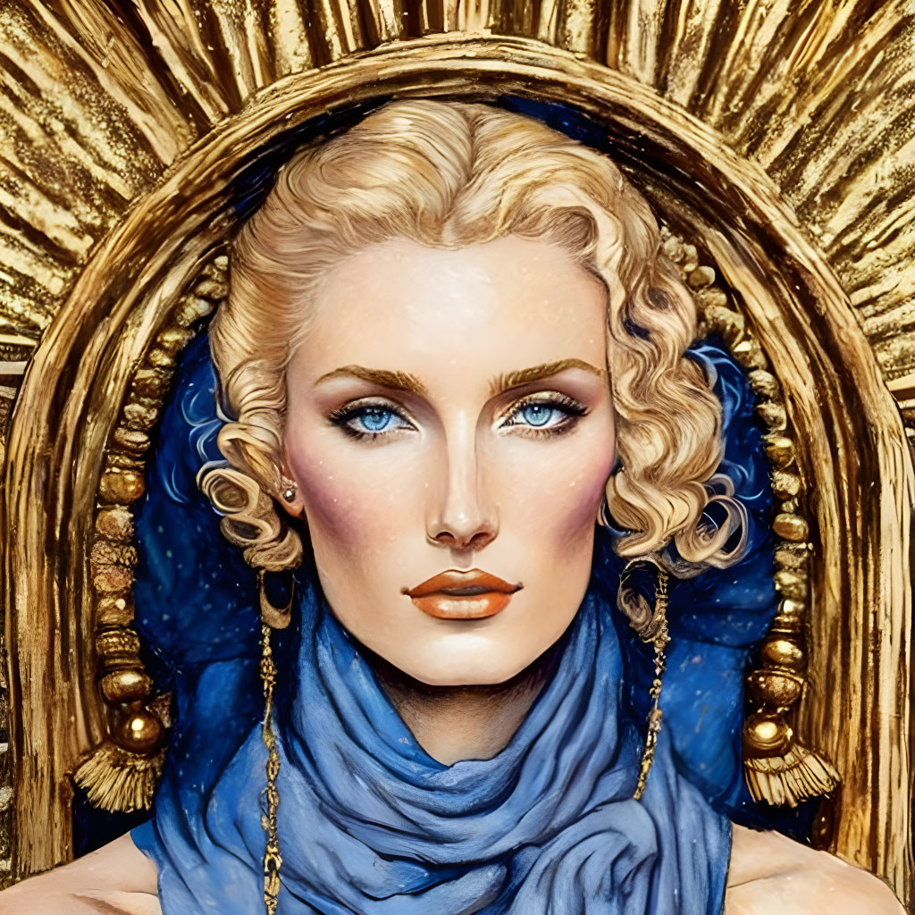 Stylized woman with blue eyes and blond hair on golden ornate backdrop