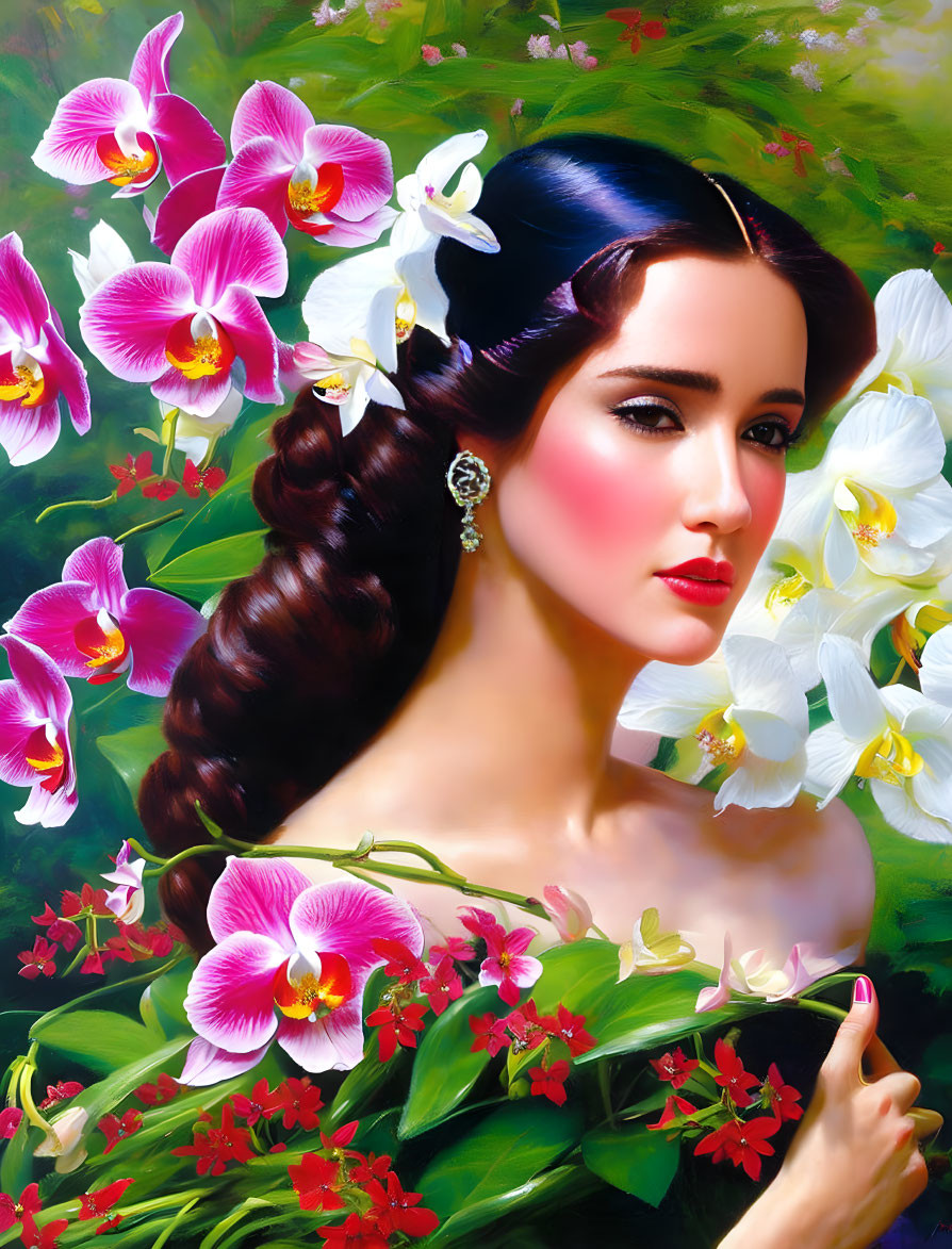 Dark-haired woman surrounded by colorful orchids exuding beauty and elegance