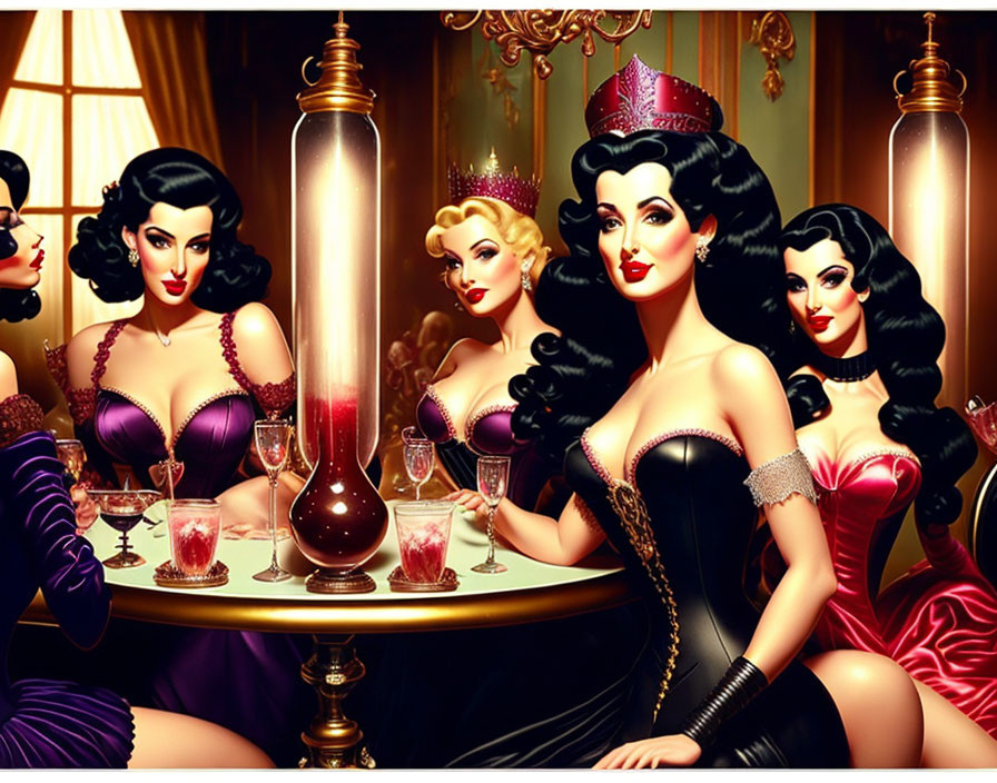 Stylized cartoon women in old Hollywood glamour setting