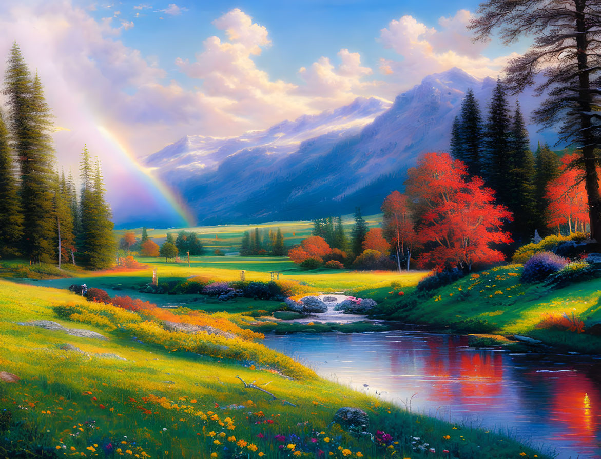 Colorful landscape with rainbow, flowers, river, trees, and mountains under luminous sky