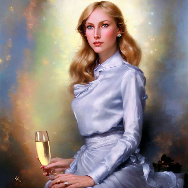 Blonde Woman in Silvery Blue Dress with Champagne Flute on Cosmic Background