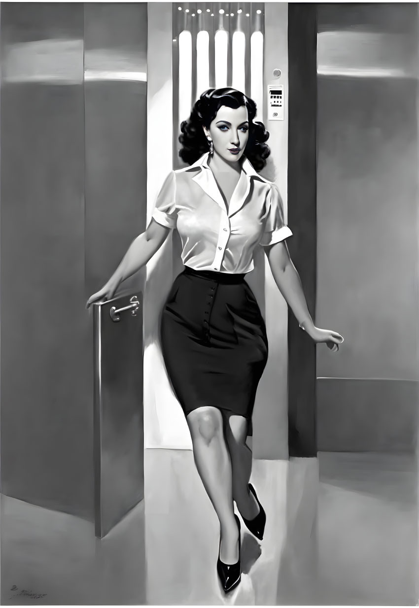 Vintage black-and-white photo: Stylish woman in button-up shirt, pencil skirt, heels.