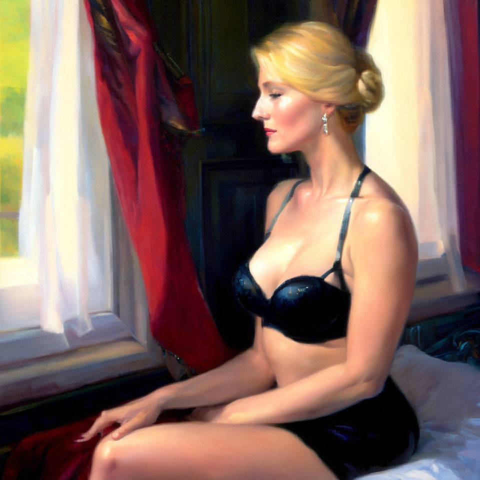 Woman in Black Lingerie Contemplating by Sunlit Window