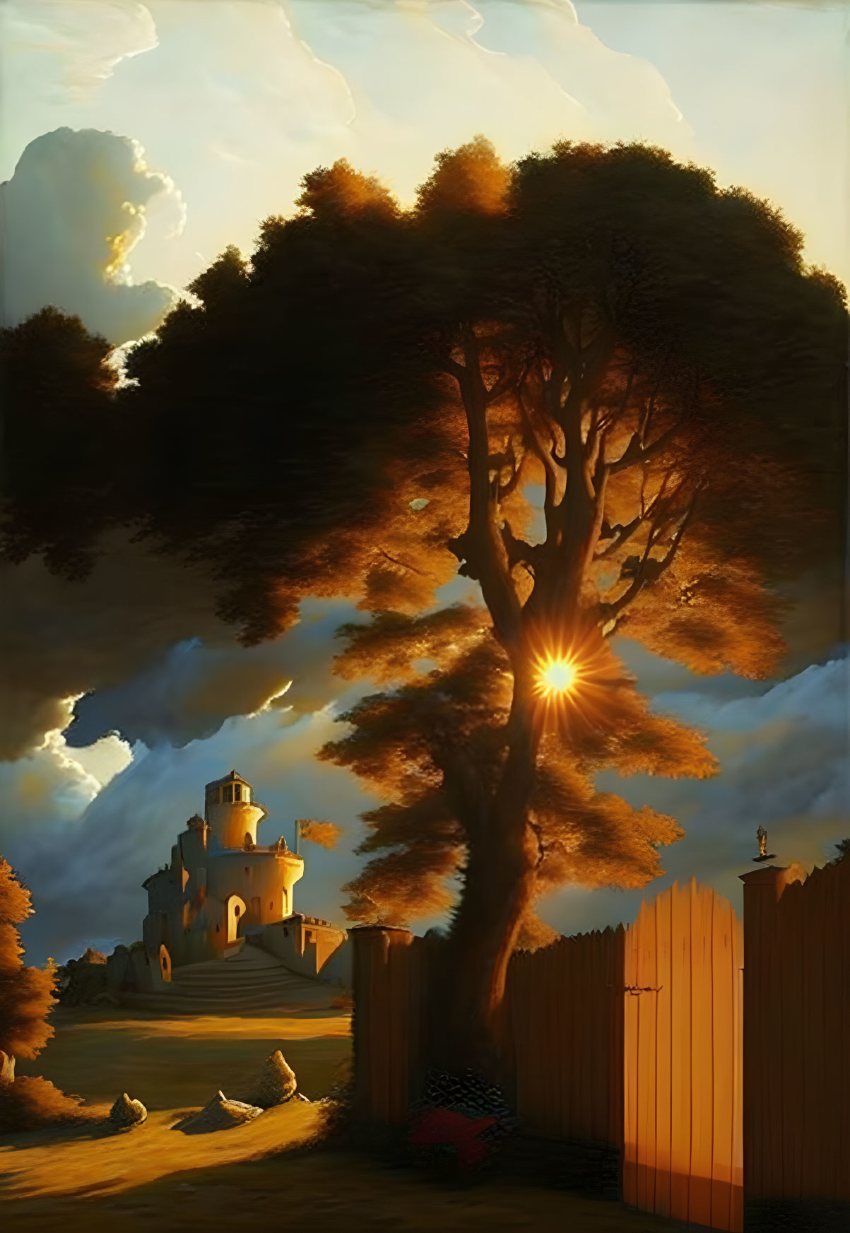 Tranquil sunset scene with tree, castle, fence, and bench