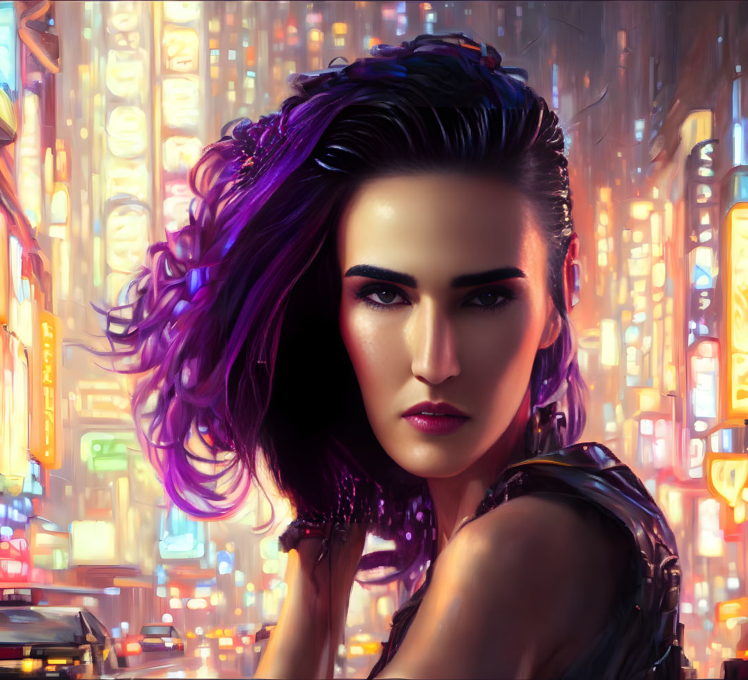 Digital artwork: Woman with purple hair in neon-lit cityscape