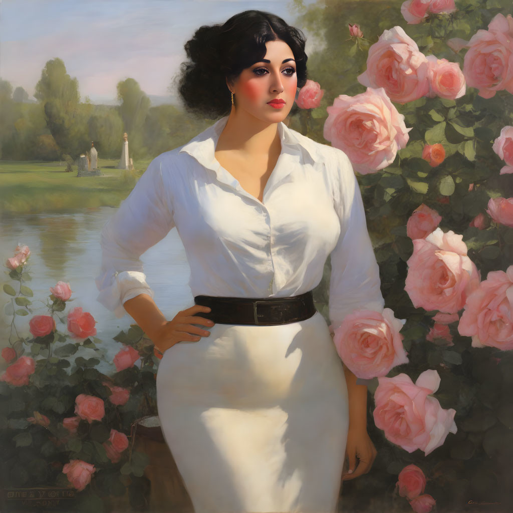 Dark-haired woman in white outfit by rose bush