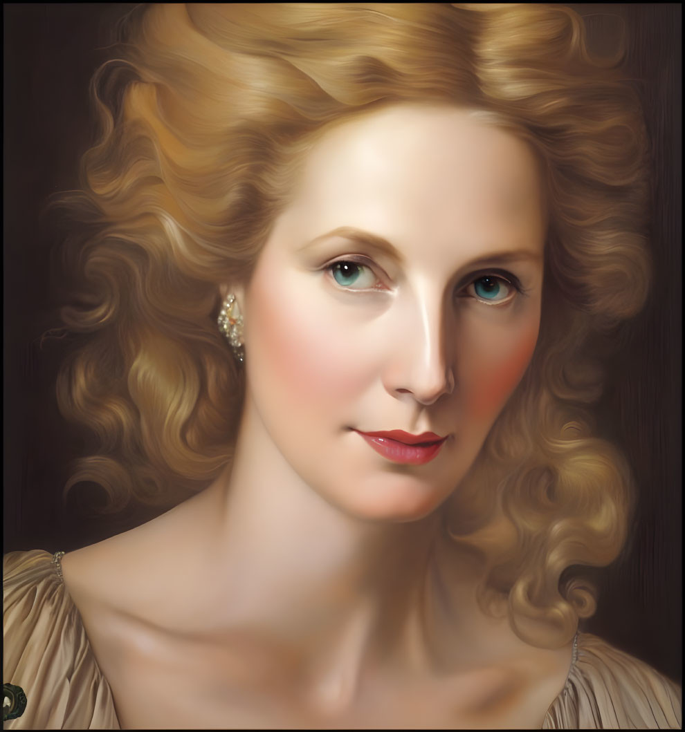 Portrait of a woman with wavy blonde hair and green eyes.