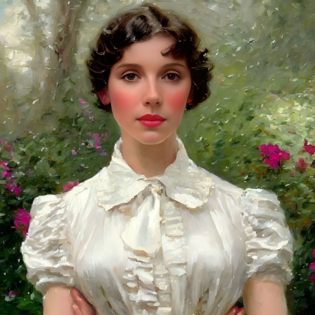 Portrait of woman with dark hair in white blouse against greenery and pink flowers