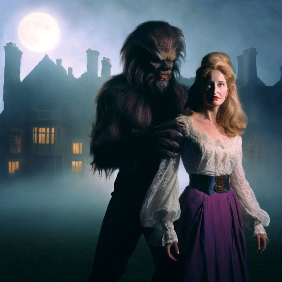 Werewolf-like creature and woman in vintage dress under full moon by eerie mansion