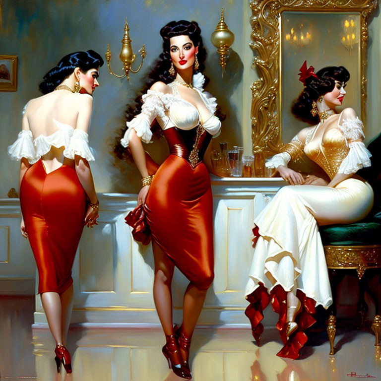 Vintage attire: Three elegant women in cinched waists and full skirts