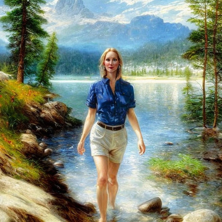 Woman in Blue Shirt Walking in Shallow River with Mountainous Backdrop