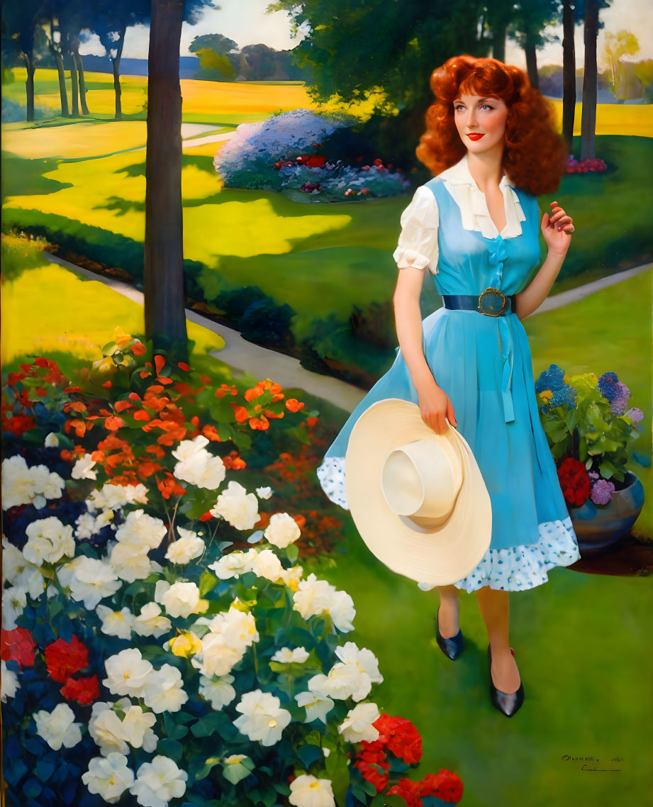 Vintage-style painting of red-haired woman in blue dress in colorful garden