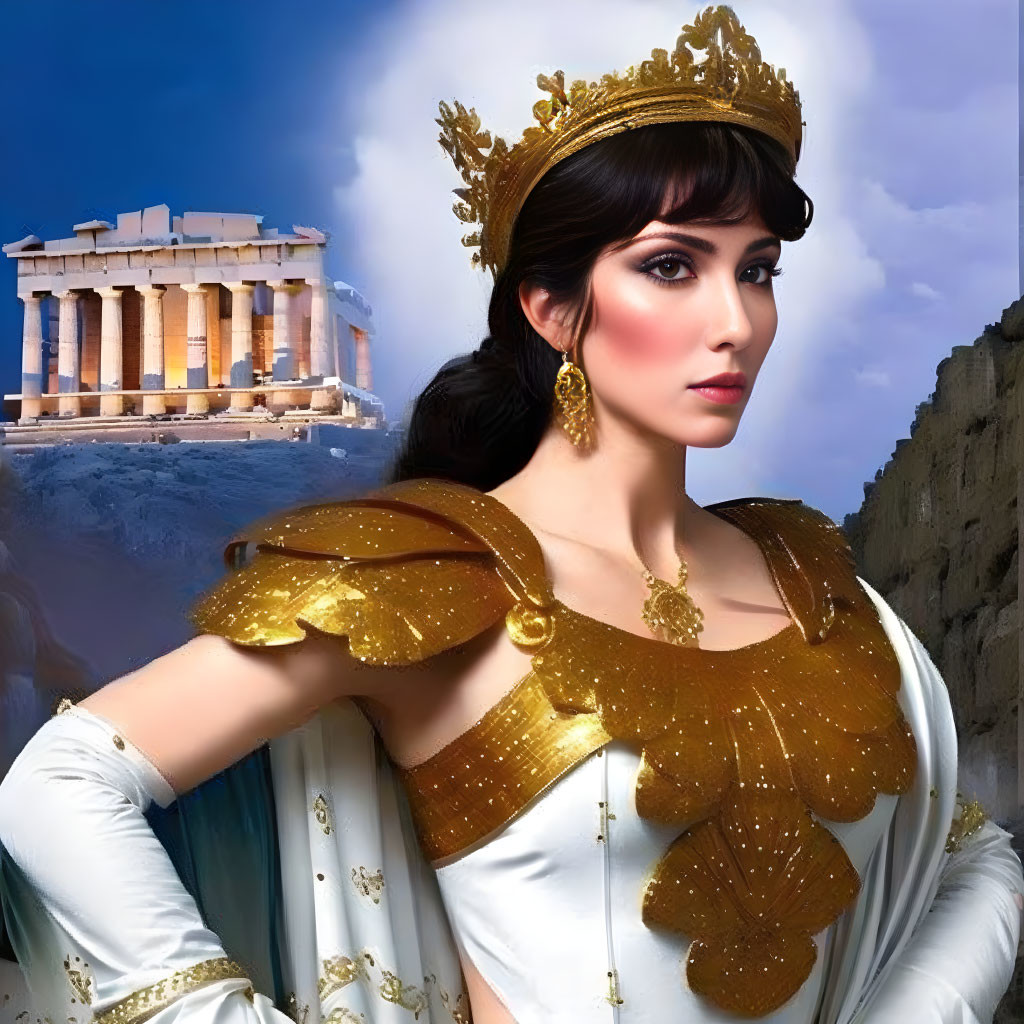 Woman in white and gold Greek costume with crown, Parthenon background