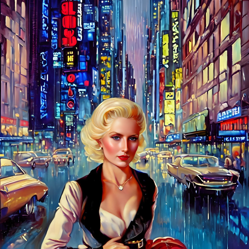 Vintage blonde woman in retro-futuristic city with neon-lit buildings