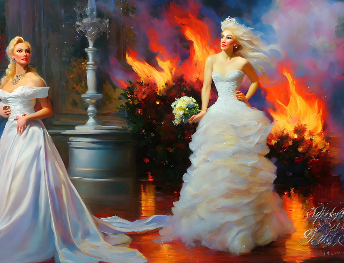 Two women in white gowns with flames and foliage backdrop.