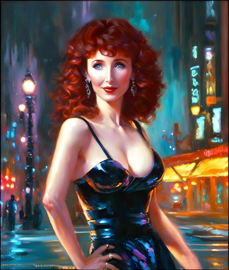 Digital portrait of woman with red hair and green eyes in black dress against colorful cityscape at night