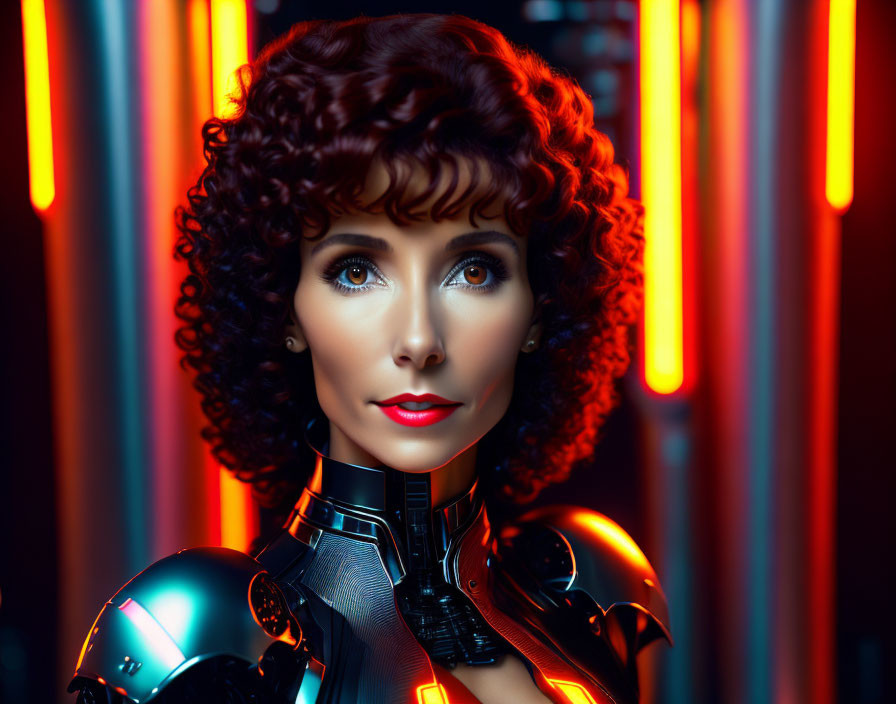 Curly-haired woman in futuristic armor on neon background