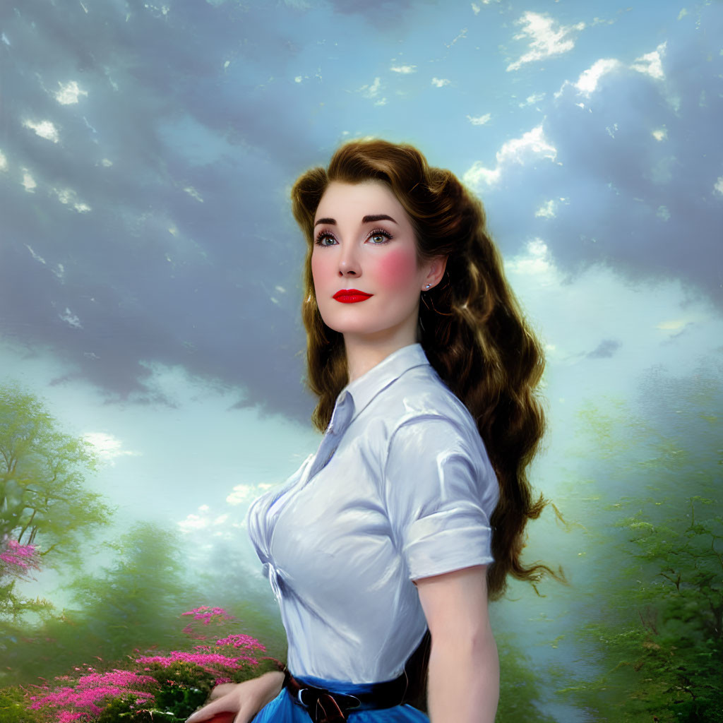 Digital artwork of woman with brown hair and red lipstick in white blouse against blue sky and greenery