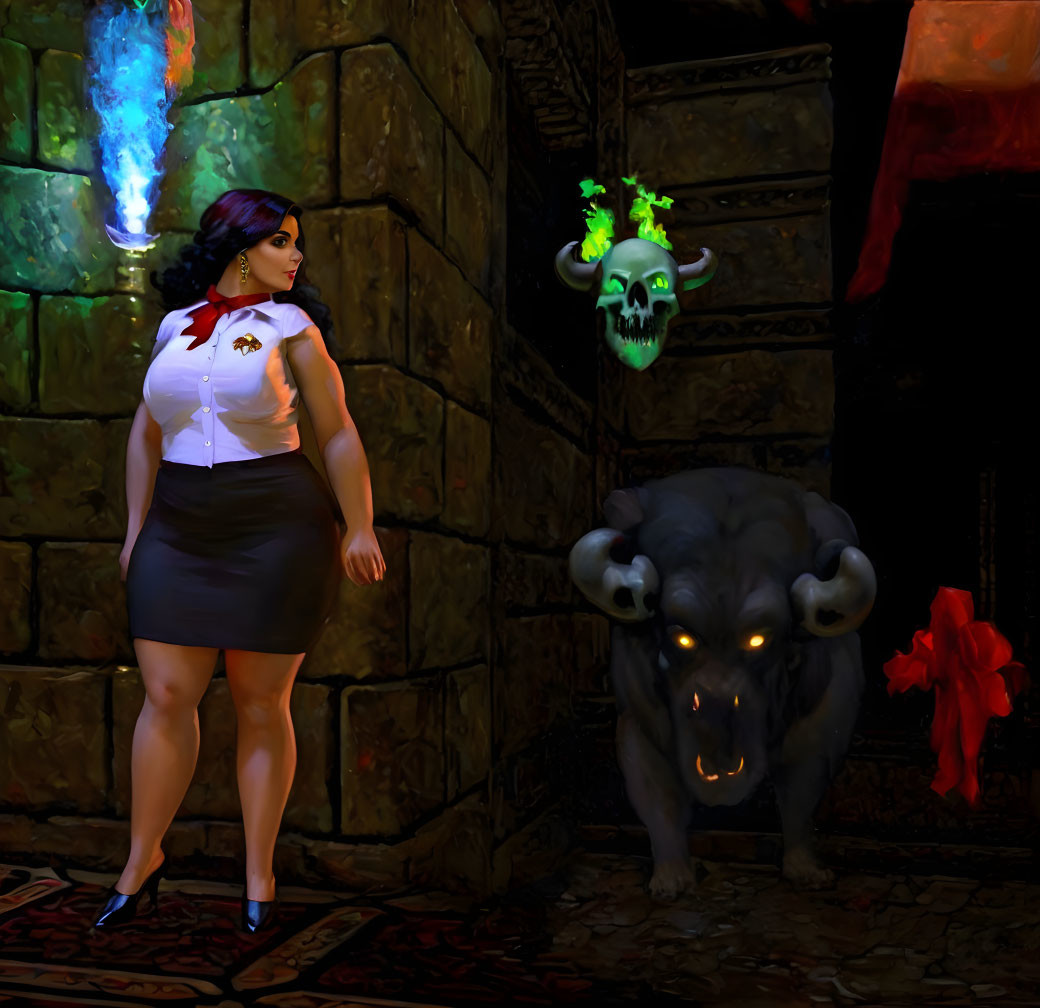 Woman in business attire in torchlit stone corridor with skull and snarling bull statue