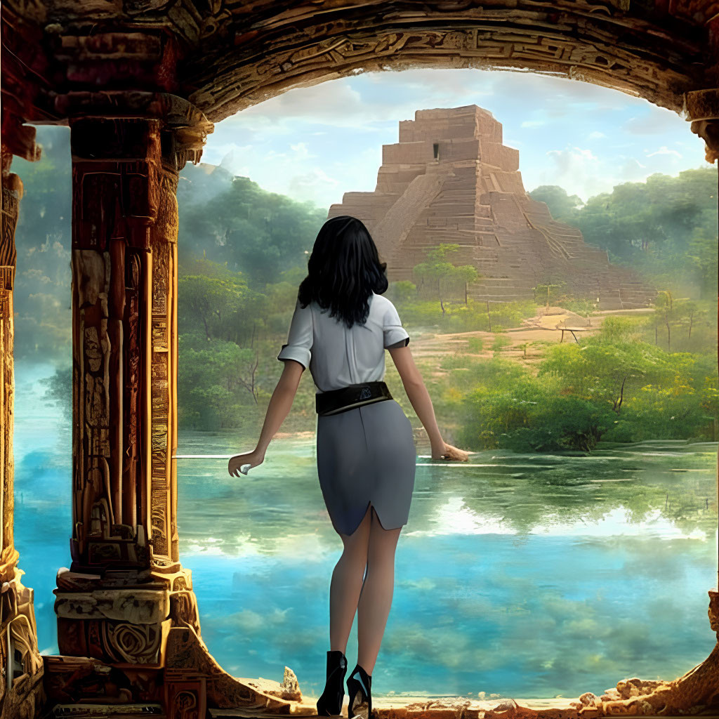 Woman at arched stone doorway overlooking ancient pyramid near serene lake