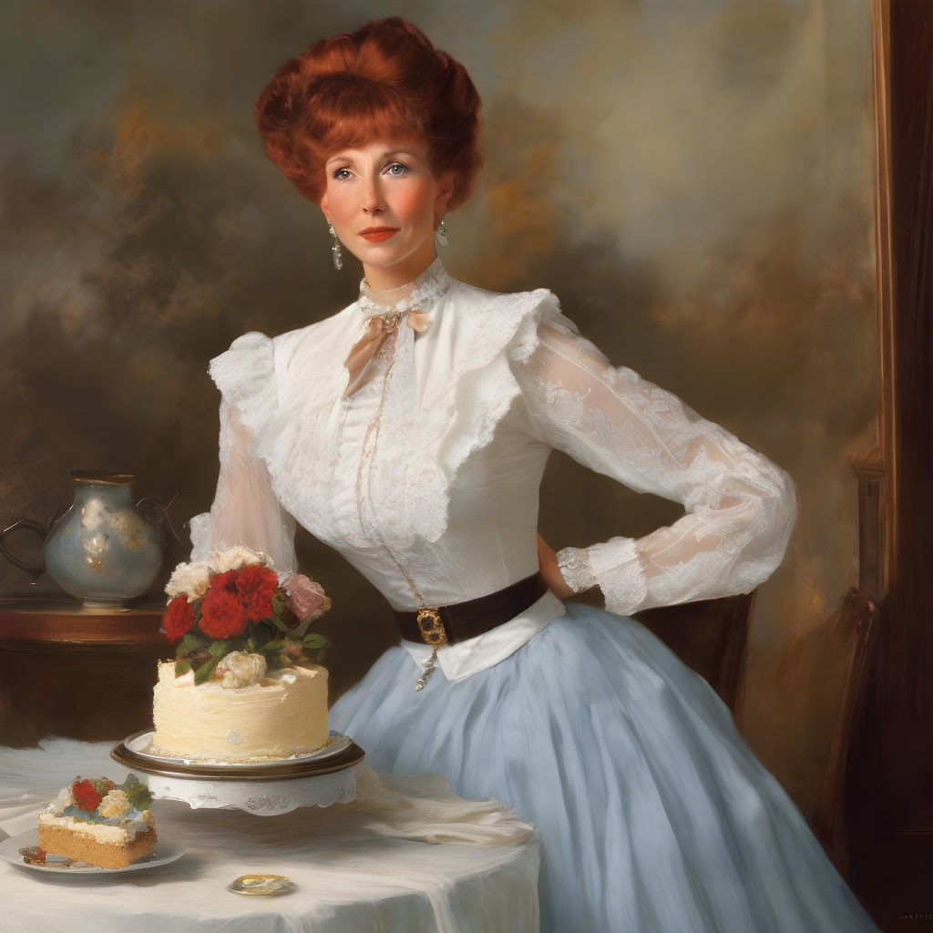 Victorian-era woman portrait with updo, white lace blouse, blue skirt, cake, and flowers