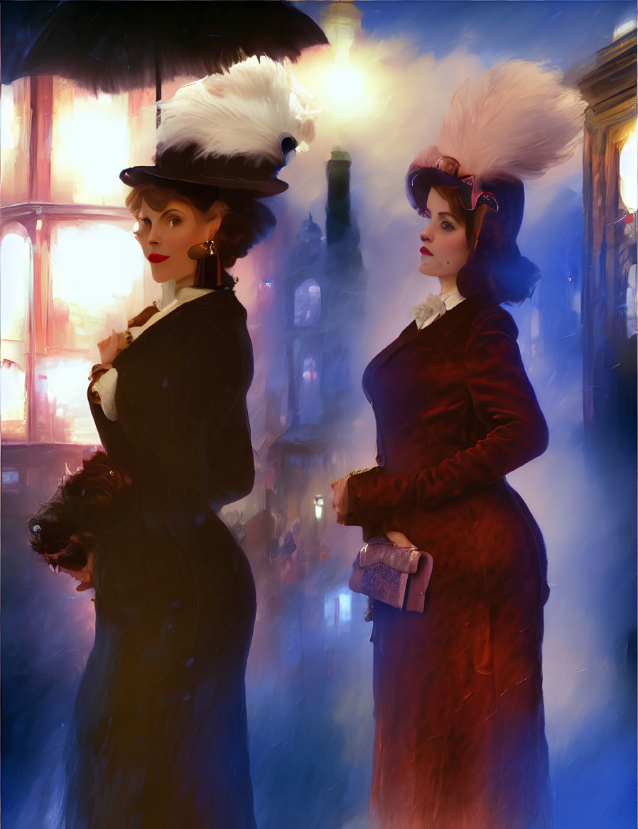 Elegantly dressed women in historical attire amid misty lantern-lit scene