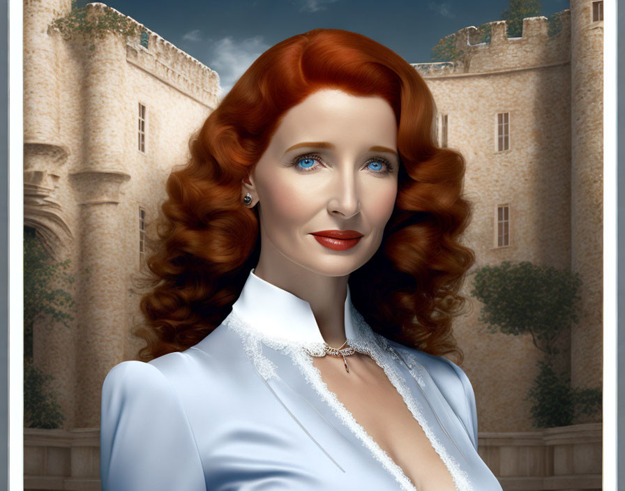 Digital painting of woman with red hair and blue eyes in blue dress with castle backdrop