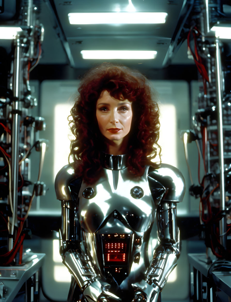 Curly Red-Haired Woman with Robot Body in Futuristic Facility