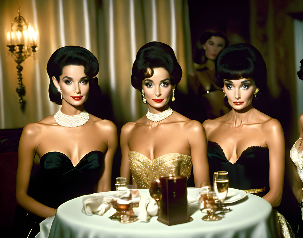 Vintage-style mannequins in elegant attire at a luxurious table setting