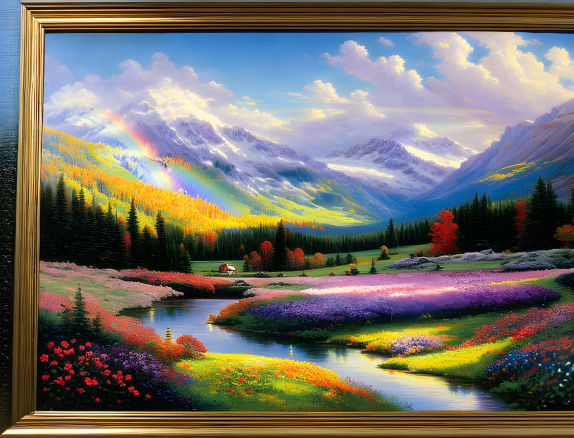 Colorful landscape painting with rainbow, flowers, river, mountains, and house.