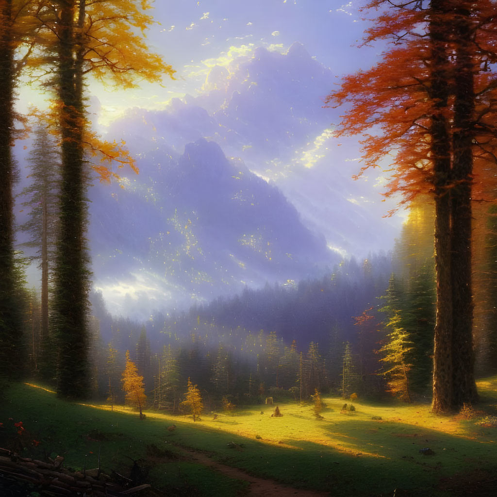 Autumn forest path with sunbeams and misty mountains