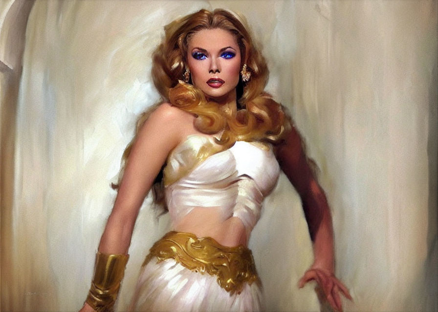 Blond Woman in White and Gold Costume with Determined Gaze