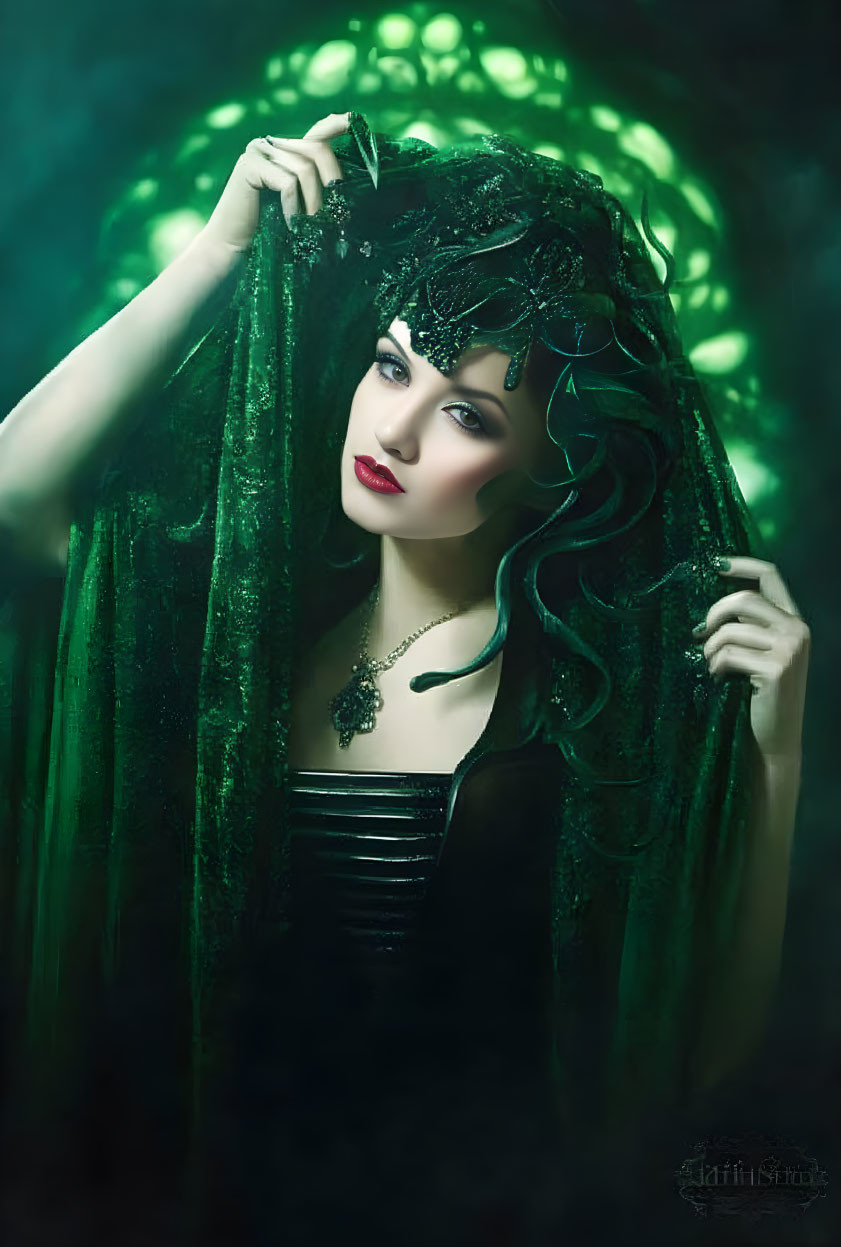 Dark-haired woman with jeweled headpiece holding green fabric in mystical glow