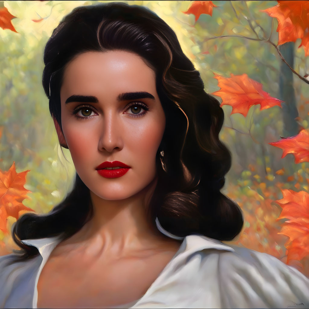 Digital painting: Woman with dark hair, intense brown eyes, red lips, against autumn leaves.