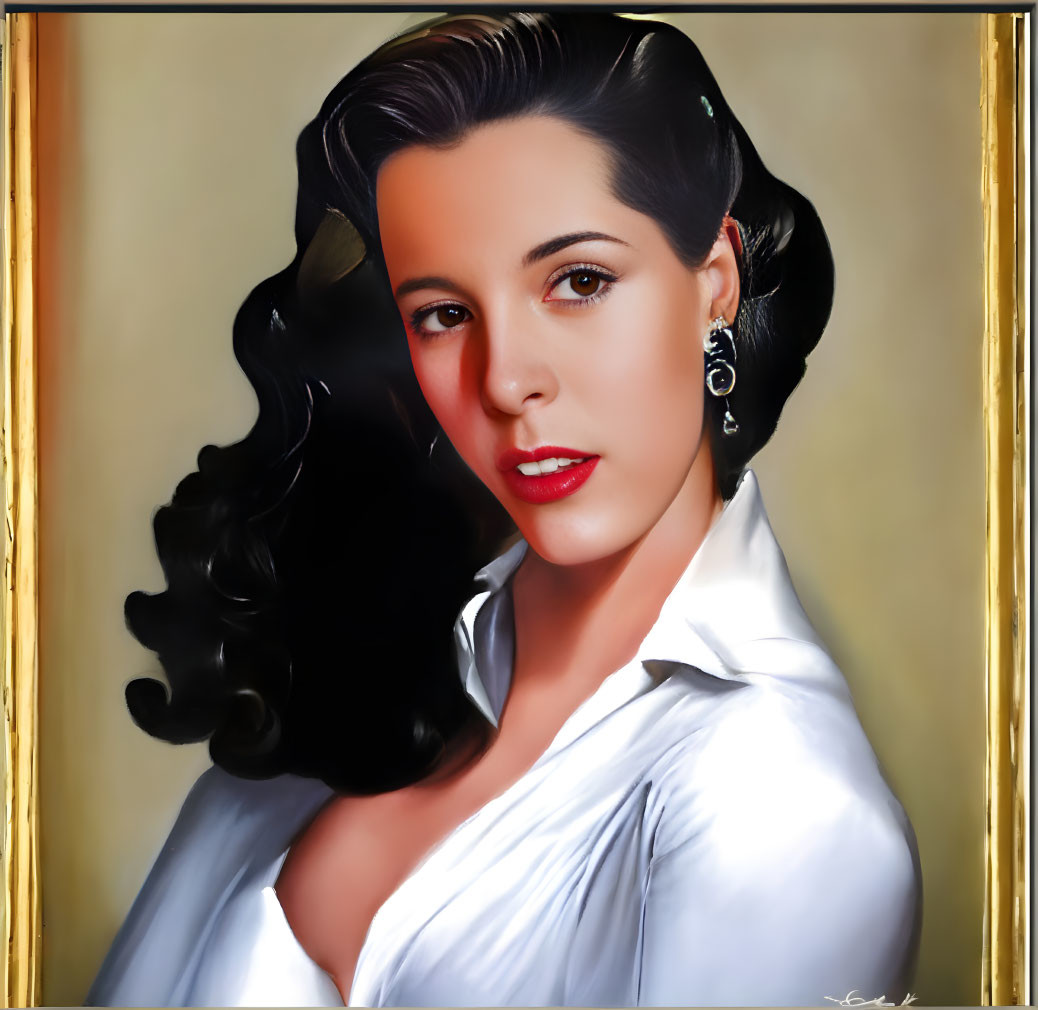 Digital painting of woman with dark hair and red lipstick in white shirt, gold frame, retro style