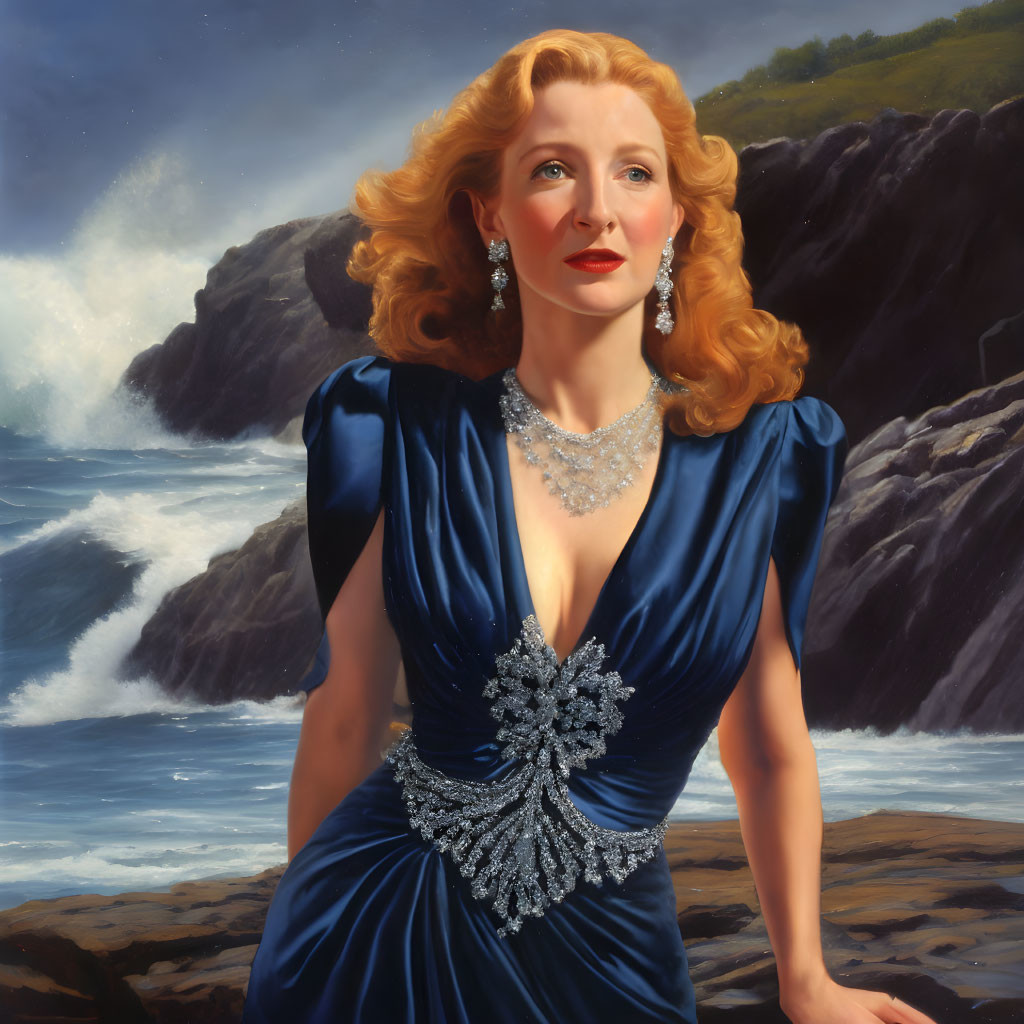 Vintage Style Blue Gown Woman by Cliffs and Sea