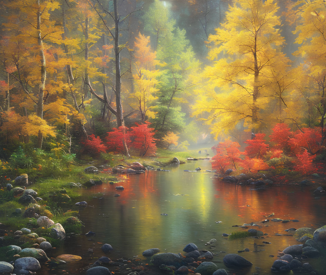 Tranquil stream in vibrant autumn forest with sunlit foliage